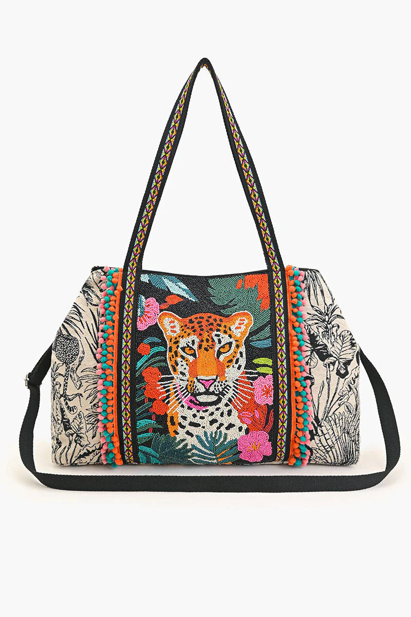 TROPICAL LEOPARD EMBELLISHED TOTE BAG