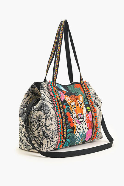 TROPICAL LEOPARD EMBELLISHED TOTE BAG