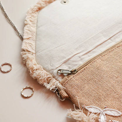 Blossoming White Beaded Jute Clutch
