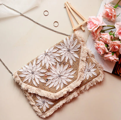 Blossoming White Beaded Jute Clutch