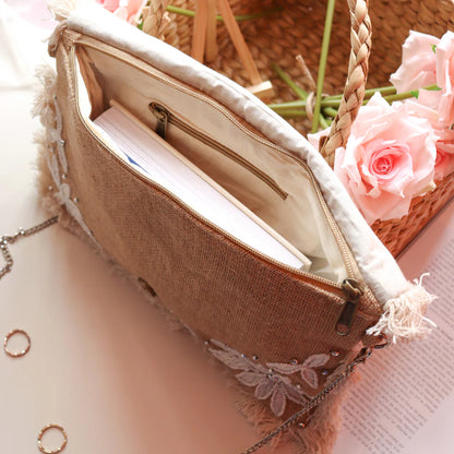 Blossoming White Beaded Jute Clutch