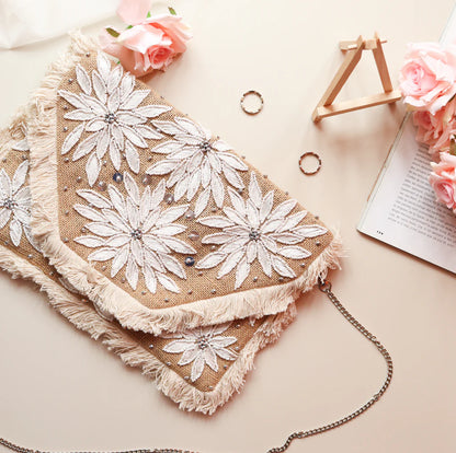 Blossoming White Beaded Jute Clutch