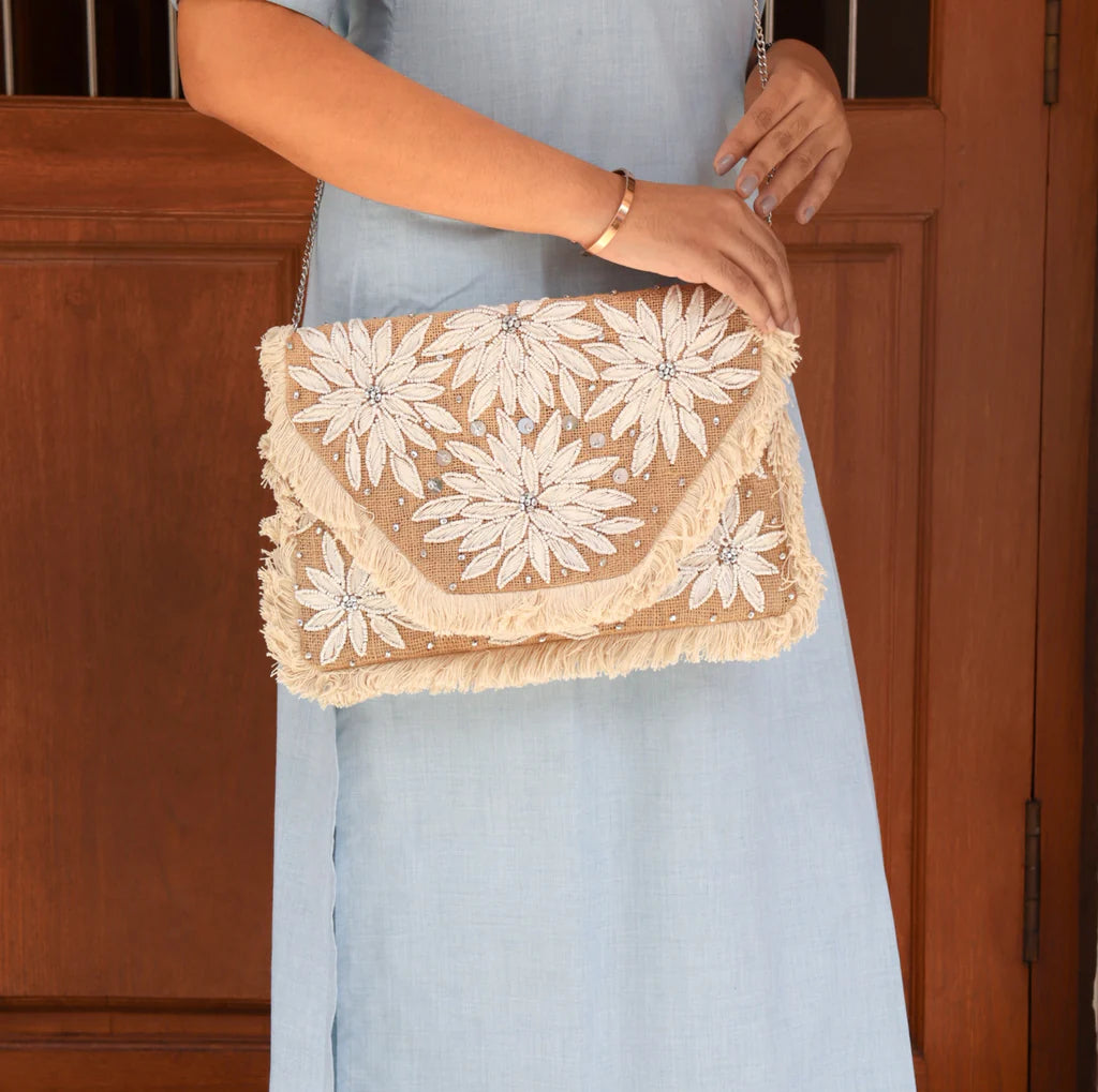 Blossoming White Beaded Jute Clutch