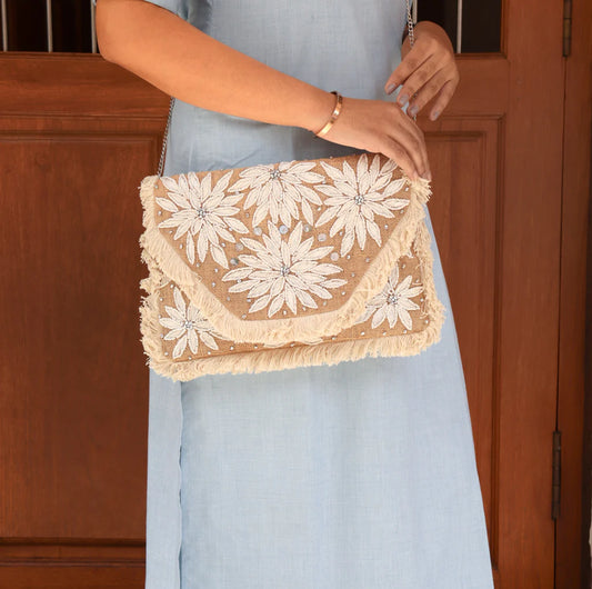 Blossoming White Beaded Jute Clutch