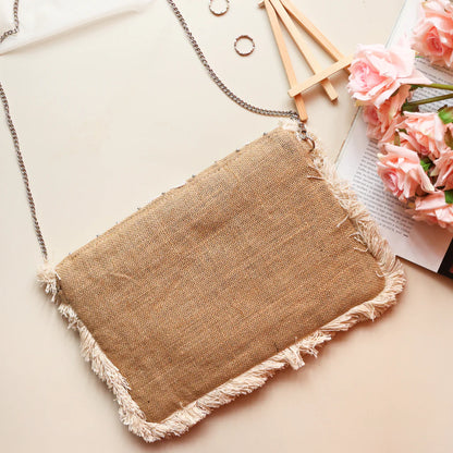 Blossoming White Beaded Jute Clutch